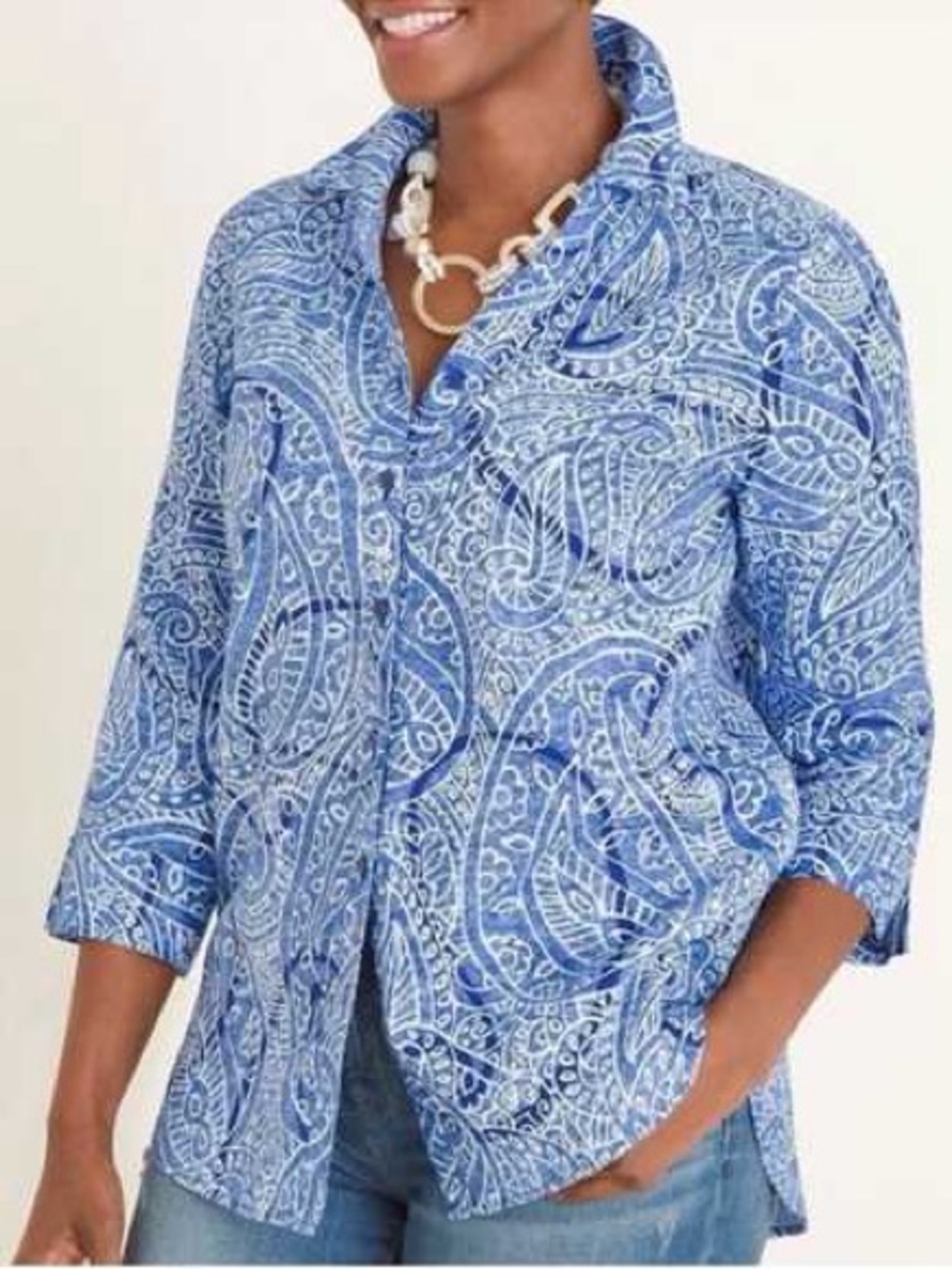 Chico's blue white paisley button up 3/4 sleeves 100% linen shirt no iron size 2